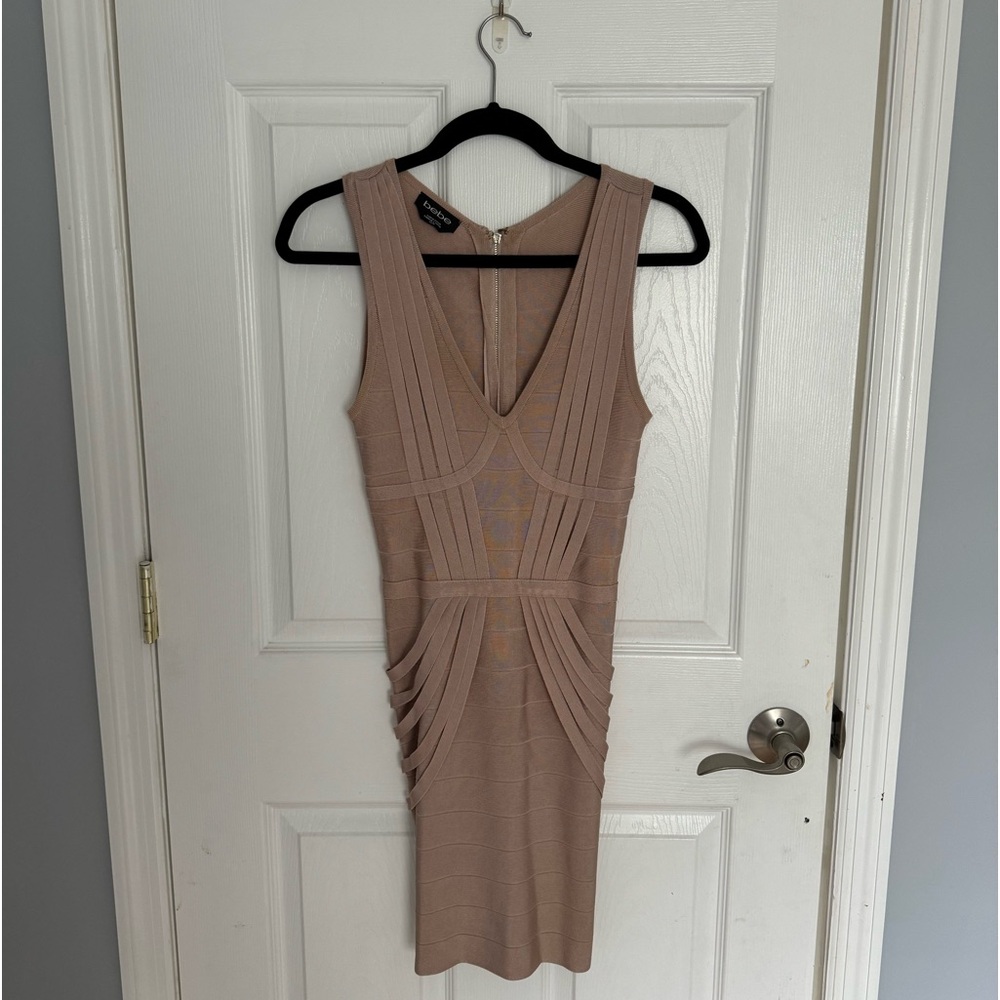 BEBE nude bandaged dress